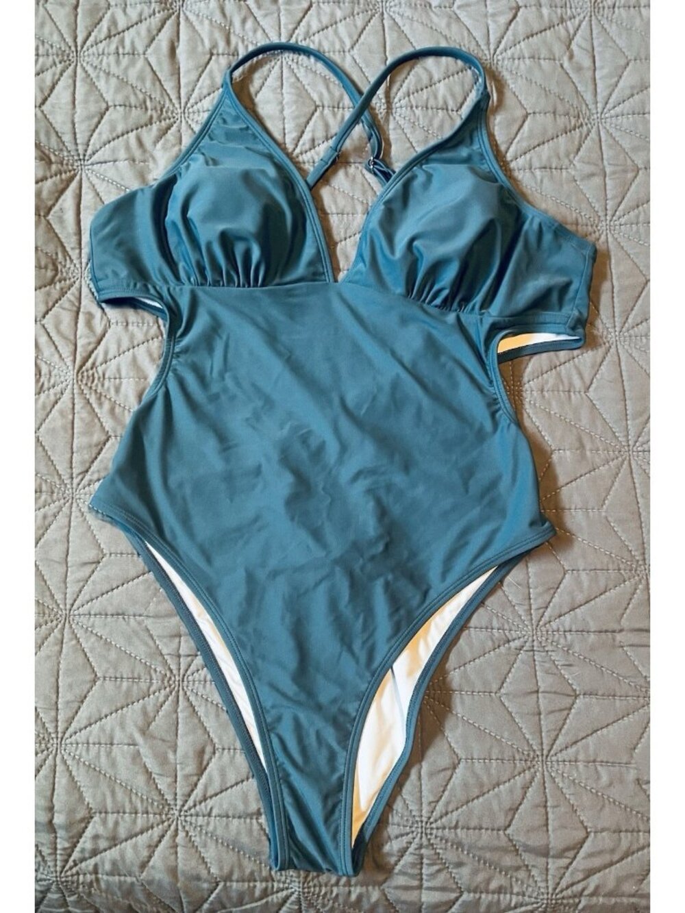 Cupshe Teal Cutout One Piece Swimsuit Ruched V-Neck Cross Back Monokini Large L